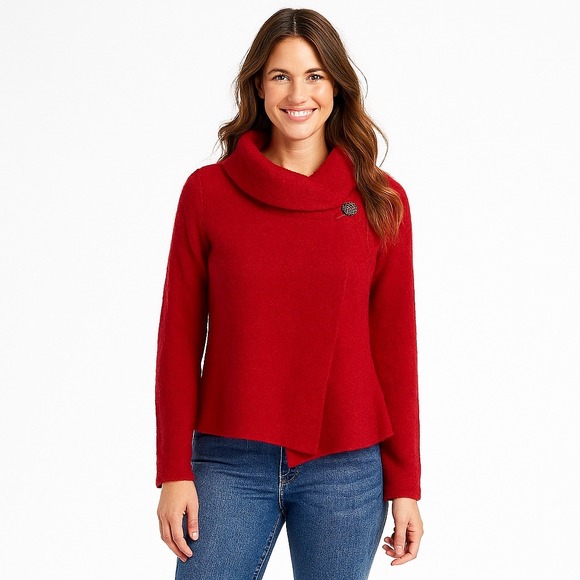 Adrienne‎ Vittadini Sweater M Winter Red wool Blend Cozy Wrap Cardigan - Picture 3 of 11